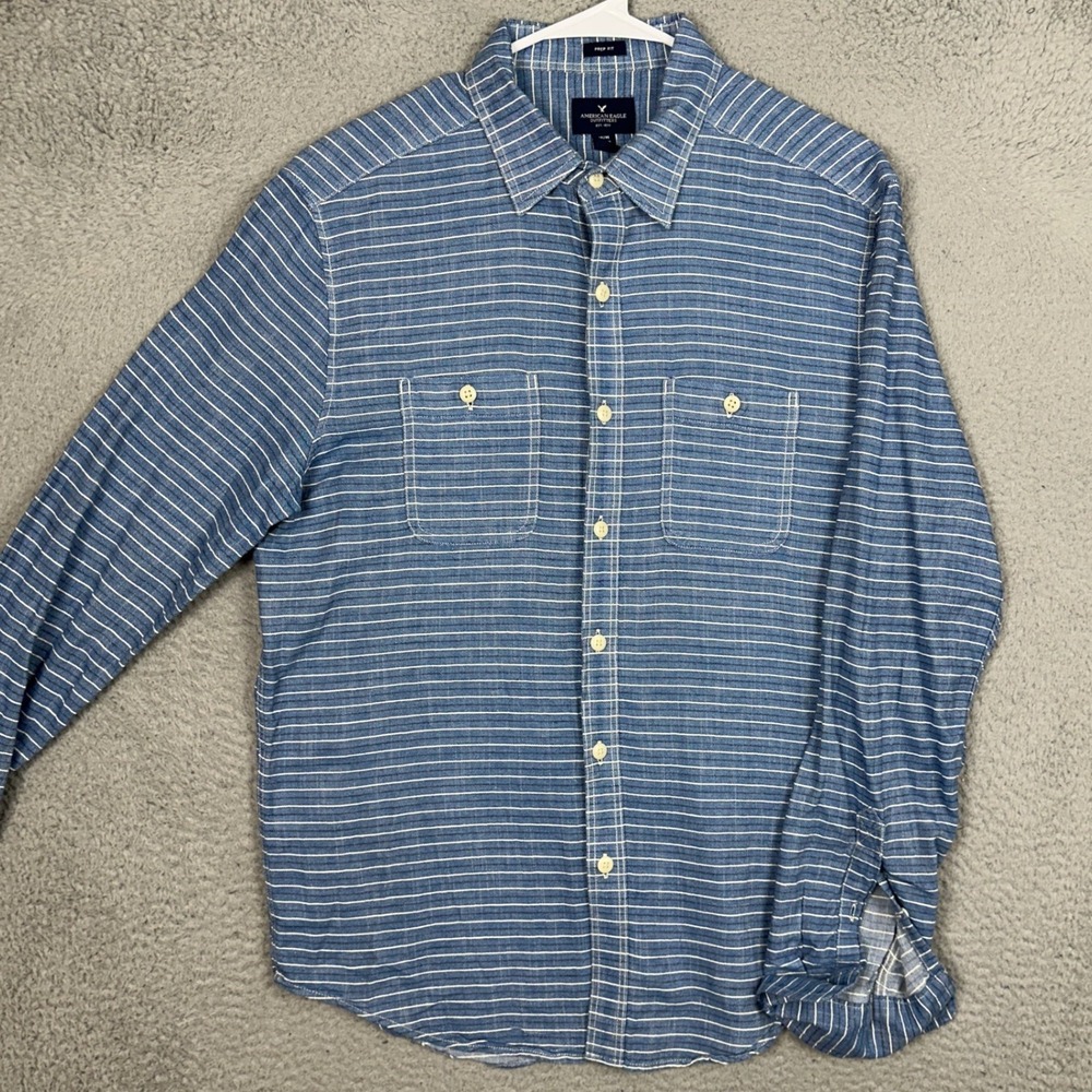American Eagle Shirt Mens Medium Prep Fit Blue Striped Button Up Long Sleeve EUC